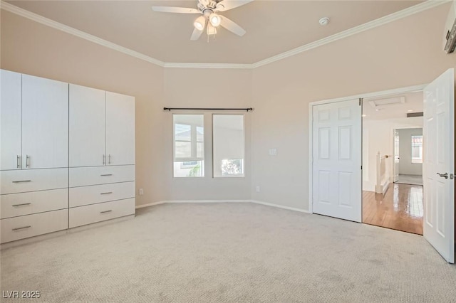 10241 Regents Cross Pl, Las Vegas, NV 89144 - unfurnished bedroom featuring crown molding, light colored carpet, baseboards, and ceiling fan