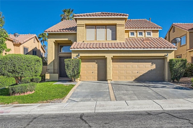 10241 Regents Cross Pl, Las Vegas, NV 89144 - mediterranean / spanish house featuring concrete driveway, a tile roof, a garage, and stucco siding
