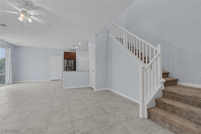 1130 Blissful Plains Ave, North Las Vegas, NV 89086 - unfurnished living room with a ceiling fan, stairway, baseboards, light tile patterned flooring, and recessed lighting