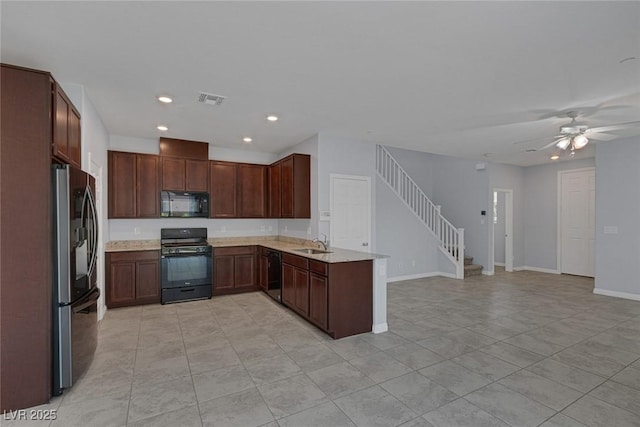 1130 Blissful Plains Ave, North Las Vegas, NV 89086 - kitchen with black appliances, a sink, open floor plan, recessed lighting, and ceiling fan