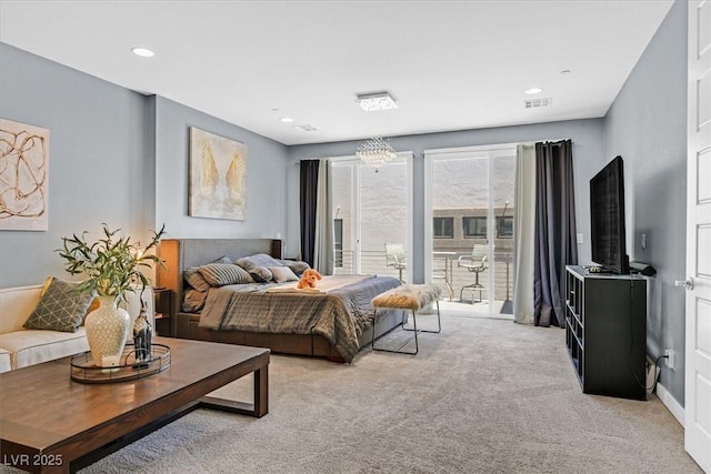 881 Barrhead Ave, Henderson, NV 89012 - bedroom featuring carpet floors, access to exterior, recessed lighting, and a chandelier