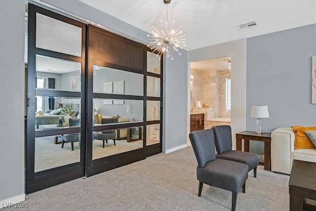 881 Barrhead Ave, Henderson, NV 89012 - living area with a chandelier, carpet flooring, and baseboards