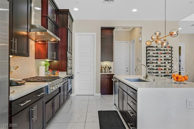 881 Barrhead Ave, Henderson, NV 89012 - kitchen with a sink, light marble finish flooring, light countertops, wall chimney range hood, and appliances with stainless steel finishes