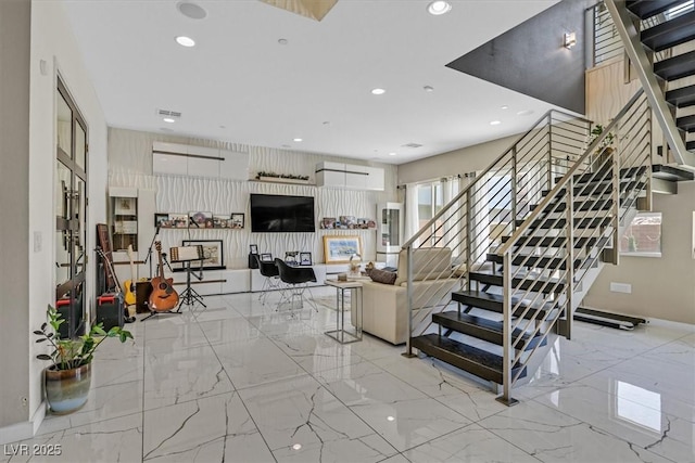 881 Barrhead Ave, Henderson, NV 89012 - living area featuring stairway, marble tiled floors, recessed lighting, and baseboards