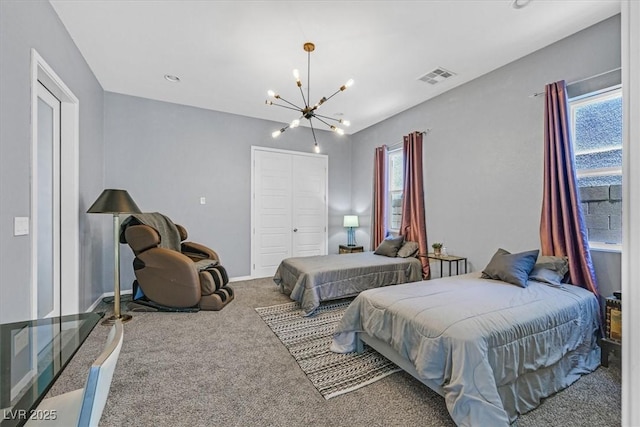 881 Barrhead Ave, Henderson, NV 89012 - bedroom with a chandelier, multiple windows, carpet floors, and a closet