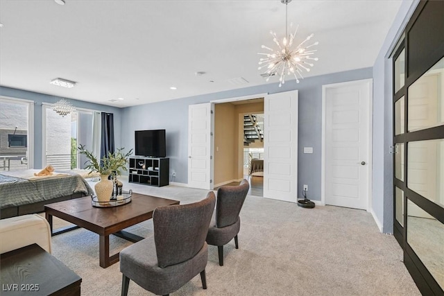 881 Barrhead Ave, Henderson, NV 89012 - living area featuring a chandelier, light carpet, baseboards, and recessed lighting