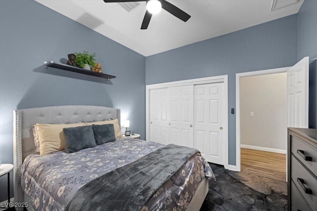 219 Windsong Dr, Henderson, NV 89074 - bedroom featuring a closet, ceiling fan, wood finished floors, and baseboards
