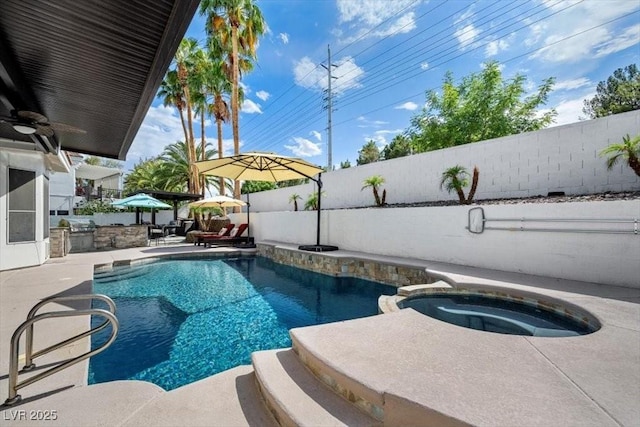 219 Windsong Dr, Henderson, NV 89074 - view of swimming pool with a fenced backyard, a patio area, a pool with connected hot tub, and ceiling fan