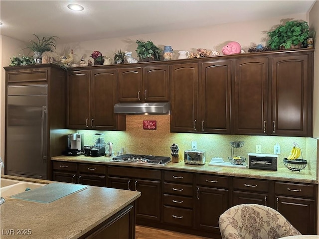 4208 Agosta Luna Pl, Las Vegas, NV 89135 - kitchen featuring under cabinet range hood, stainless steel appliances, dark brown cabinets, and tasteful backsplash