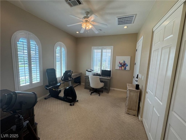 4208 Agosta Luna Pl, Las Vegas, NV 89135 - home office with ceiling fan, baseboards, light colored carpet, and recessed lighting