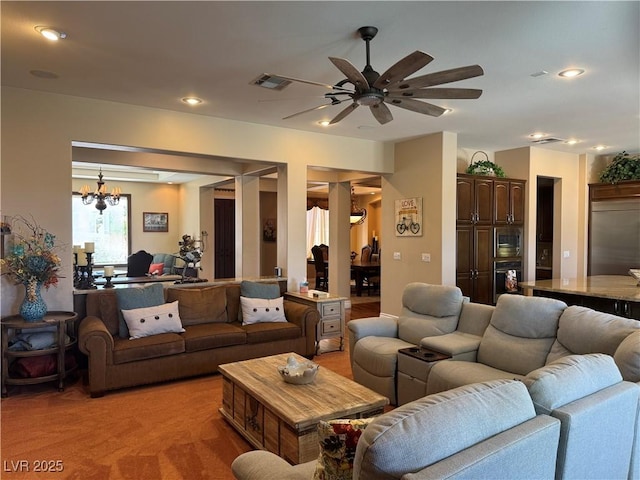 4208 Agosta Luna Pl, Las Vegas, NV 89135 - living area featuring ceiling fan, a chandelier, recessed lighting, and light carpet