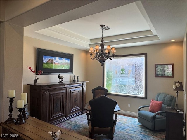 4208 Agosta Luna Pl, Las Vegas, NV 89135 - living area featuring a tray ceiling, a chandelier, baseboards, wood finished floors, and recessed lighting