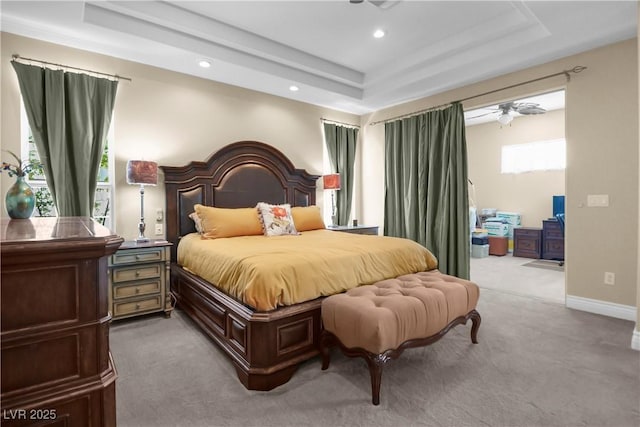4208 Agosta Luna Pl, Las Vegas, NV 89135 - bedroom featuring light colored carpet, a tray ceiling, and recessed lighting