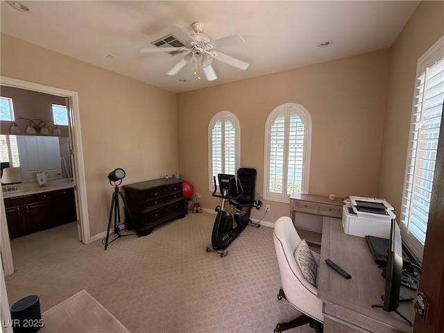 4208 Agosta Luna Pl, Las Vegas, NV 89135 - workout area featuring light colored carpet, a ceiling fan, and baseboards