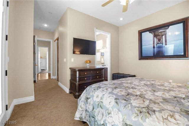 4208 Agosta Luna Pl, Las Vegas, NV 89135 - bedroom with carpet floors, baseboards, connected bathroom, ceiling fan, and recessed lighting