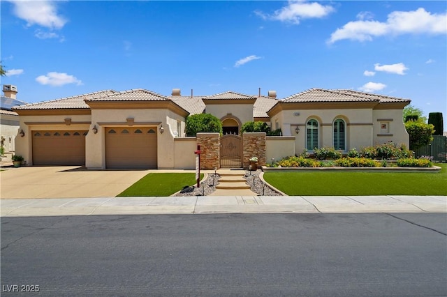 4208 Agosta Luna Pl, Las Vegas, NV 89135 - mediterranean / spanish-style home with an attached garage, stucco siding, driveway, a gate, and a tile roof