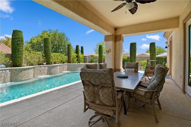 4208 Agosta Luna Pl, Las Vegas, NV 89135 - fenced backyard with ceiling fan, a patio, and an outdoor pool