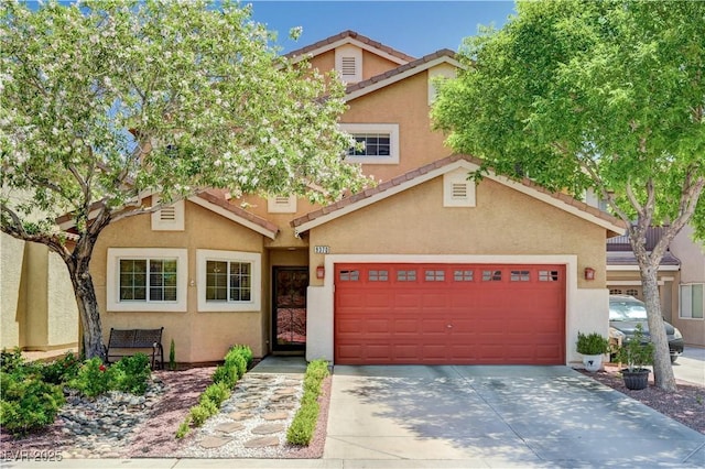 9370 Corkfish St, Las Vegas, NV 89178 - view of front facade featuring stucco siding, concrete driveway, a tile roof, and a garage