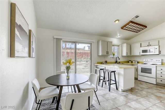 1012 Winwood St, Las Vegas, NV 89108 - kitchen with white appliances, a sink, a peninsula, light countertops, and lofted ceiling