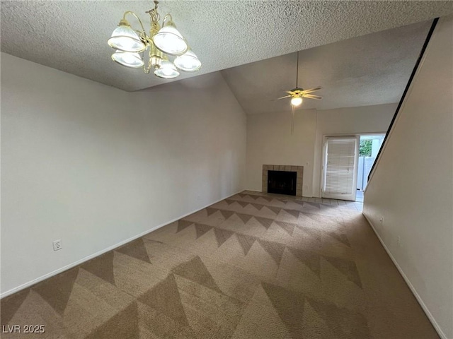 8940 Antioch Way, Las Vegas, NV 89117 - unfurnished living room with carpet, a textured ceiling, a chandelier, a ceiling fan, and a fireplace