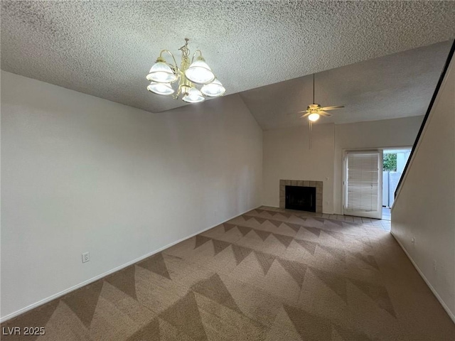 8940 Antioch Way, Las Vegas, NV 89117 - unfurnished living room with carpet floors, a chandelier, a textured ceiling, a tile fireplace, and ceiling fan