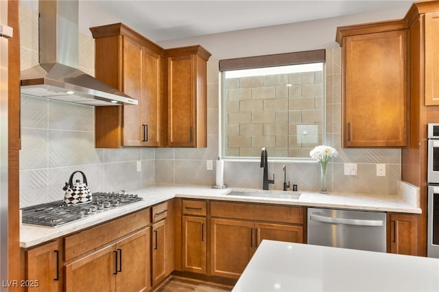 12430 Foxtail Run Ave, Las Vegas, NV 89138 - kitchen with wall chimney exhaust hood, a sink, stainless steel appliances, and tasteful backsplash