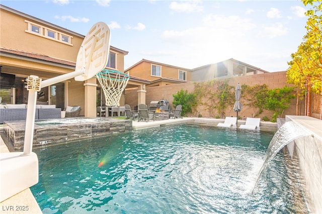 12430 Foxtail Run Ave, Las Vegas, NV 89138 - view of pool with outdoor lounge area, a fenced backyard, a patio area, and a pool with connected hot tub