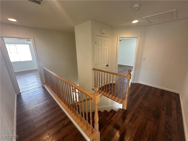 8215 Shell Beach Ct, Las Vegas, NV 89117 - hall with an upstairs landing, wood finished floors, baseboards, and recessed lighting