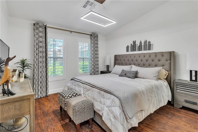 4196 Balmoral Castle Ct, Las Vegas, NV 89141 - bedroom featuring dark wood-style floors, lofted ceiling, and baseboards
