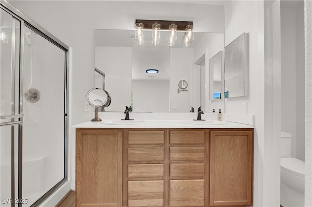 10554 Lilac Tree Ave, Las Vegas, NV 89135 - full bathroom featuring toilet, a stall shower, and double vanity