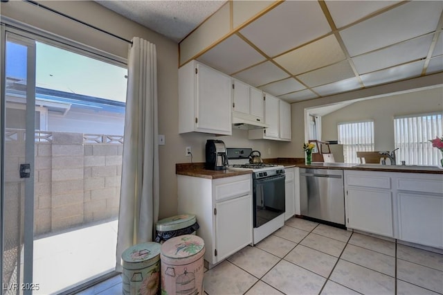 4445 Peterson Dr, Las Vegas, NV 89103 - kitchen with stainless steel dishwasher, white gas stove, under cabinet range hood, dark countertops, and white cabinetry