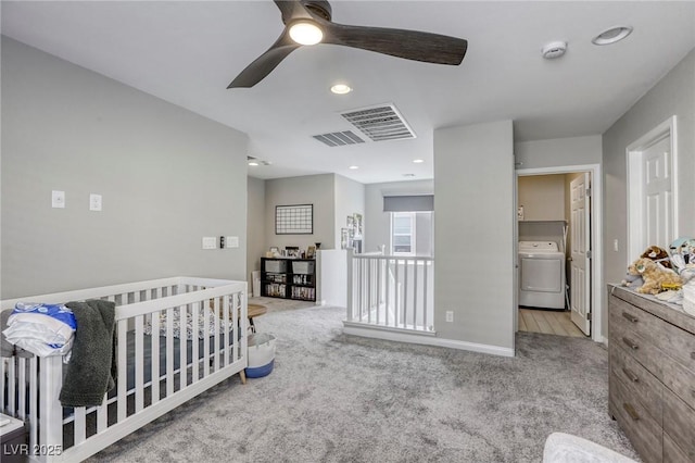 7061 Tilligerry St, North Las Vegas, NV 89084 - carpeted bedroom featuring washer / dryer, a ceiling fan, baseboards, and recessed lighting