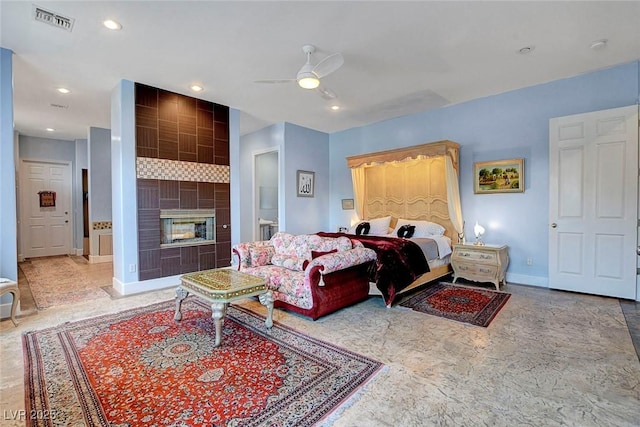 6230 Calm Brook Ct, Las Vegas, NV 89149 - bedroom featuring baseboards, a fireplace, recessed lighting, and a ceiling fan