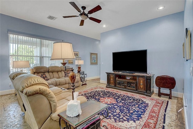 6230 Calm Brook Ct, Las Vegas, NV 89149 - living room with a ceiling fan, baseboards, and recessed lighting