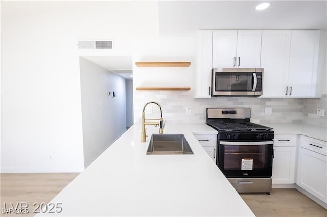 6170 W University Ave, Las Vegas, NV 89103 - kitchen with appliances with stainless steel finishes, a sink, open shelves, white cabinets, and backsplash