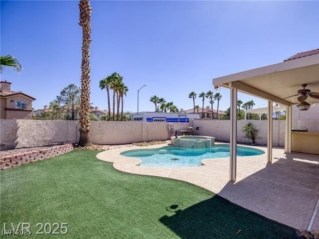 8507 Titania Ct, Las Vegas, NV 89147 - view of swimming pool with ceiling fan, a patio area, and a pool with connected hot tub