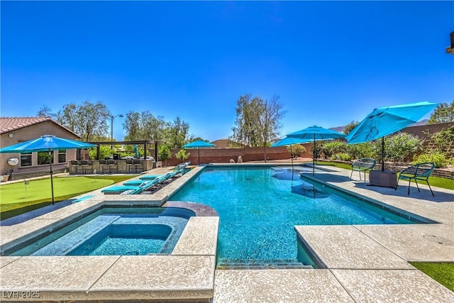 10319 Larkmead Ave, Las Vegas, NV 89149 - view of pool featuring a putting green, an in-ground hot tub, a patio area, and a fenced backyard