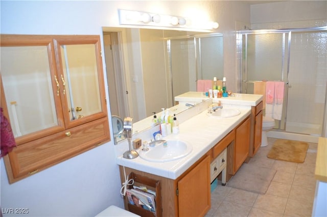 3519 W Red Coach Ave, North Las Vegas, NV 89031 - bathroom featuring toilet, a stall shower, double vanity, and tile patterned floors