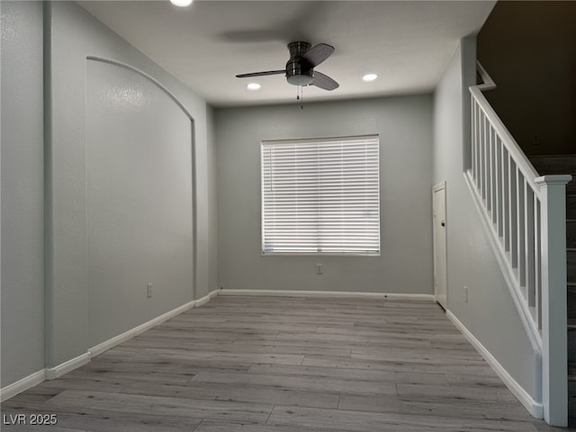 11029 Meadow Leaf Ave, Las Vegas, NV 89144 - unfurnished room featuring wood finished floors, ceiling fan, recessed lighting, stairs, and baseboards