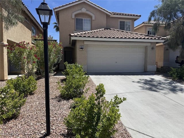 11029 Meadow Leaf Ave, Las Vegas, NV 89144 - mediterranean / spanish-style house featuring stucco siding, a tiled roof, an attached garage, and driveway