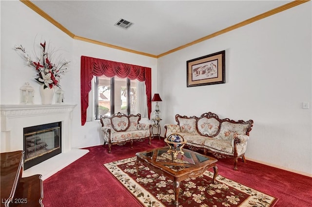7461 Tahoe Basin Dr, Las Vegas, NV 89129 - carpeted living room with ornamental molding and a glass covered fireplace