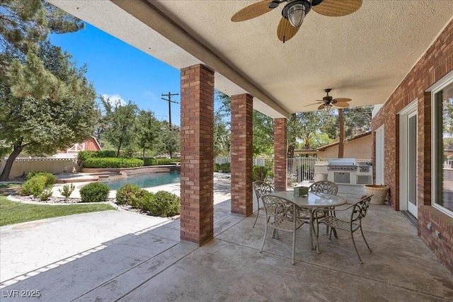 3102 La Mirada Ave, Las Vegas, NV 89120 - view of patio featuring a ceiling fan, area for grilling, an outdoor pool, and outdoor dining area