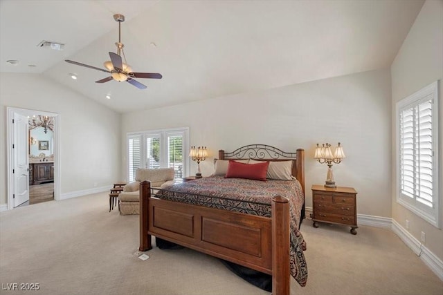 3102 La Mirada Ave, Las Vegas, NV 89120 - bedroom featuring vaulted ceiling, light carpet, ensuite bath, and ceiling fan