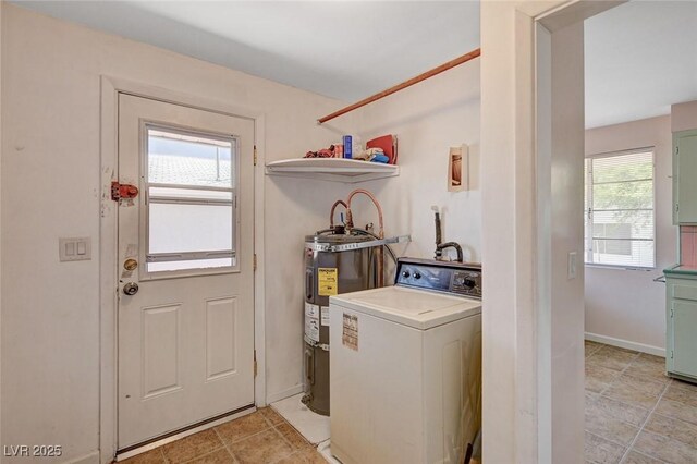 557 6th St, Boulder City, NV 89005 - laundry room with washer / clothes dryer, electric water heater, baseboards, and light tile patterned floors