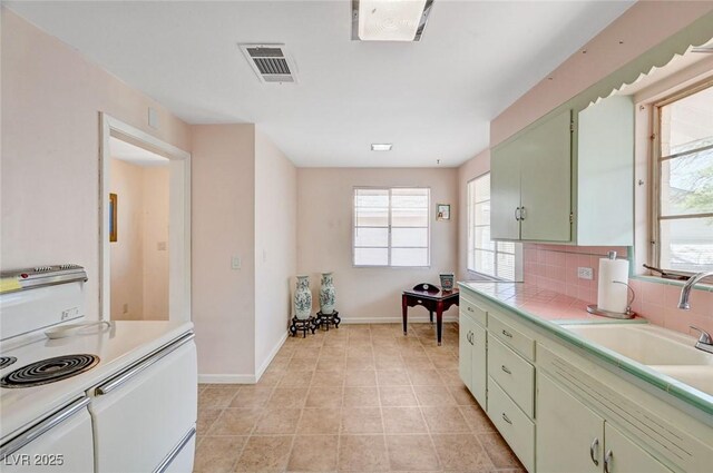 557 6th St, Boulder City, NV 89005 - kitchen featuring electric stove, baseboards, green cabinetry, decorative backsplash, and a sink