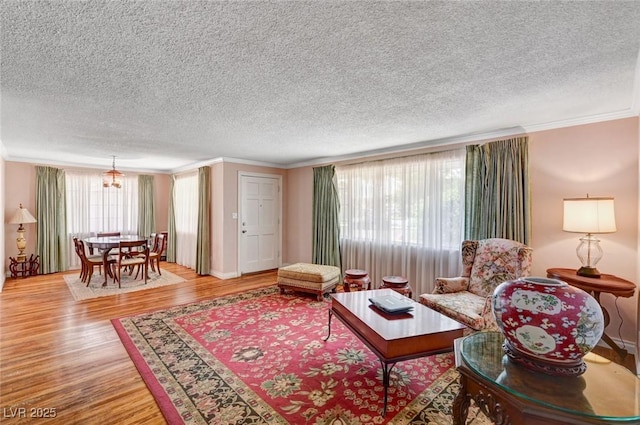 557 6th St, Boulder City, NV 89005 - living room with crown molding, a textured ceiling, light wood-style floors, and a chandelier