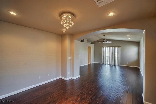 1740 Flores Ln, Henderson, NV 89012 - unfurnished room featuring arched walkways, ceiling fan, dark wood-type flooring, recessed lighting, and baseboards