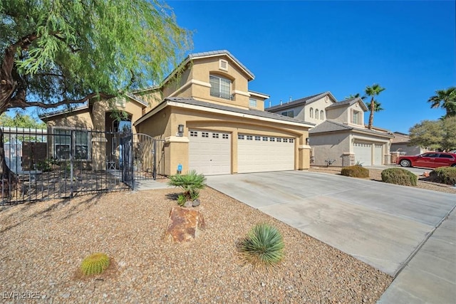 1740 Flores Ln, Henderson, NV 89012 - view of front facade featuring concrete driveway, an attached garage, stucco siding, and a gate
