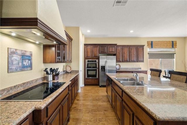 5747 Jaborandi Ave, Pahrump, NV 89061 - kitchen with appliances with stainless steel finishes, premium range hood, a sink, light wood-style flooring, and light stone counters