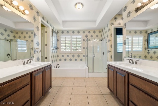 5747 Jaborandi Ave, Pahrump, NV 89061 - full bathroom with a shower stall, a bath, tile patterned flooring, two vanities, and wallpapered walls